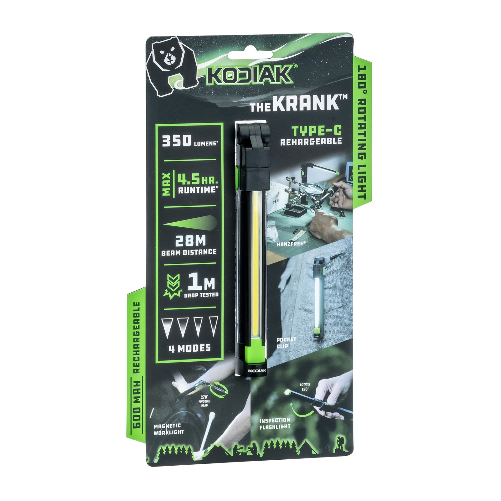 Kodiak® 350 Lumen Krank Rechargeable Slim Rotating Work Light