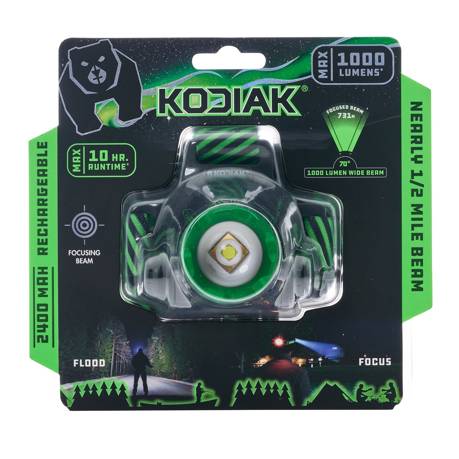 Kodiak® 1,000 Lumen Long Range 730m Dual Power Rechargeable Head Lamp
