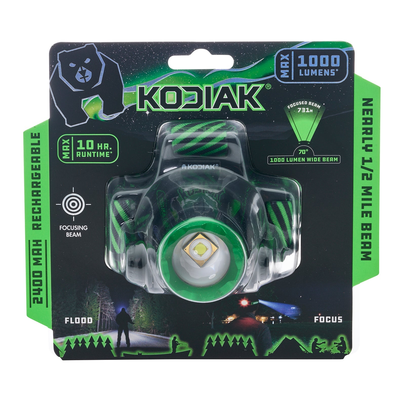 Kodiak® 1,000 Lumen Long Range 730m Dual Power Rechargeable Head Lamp