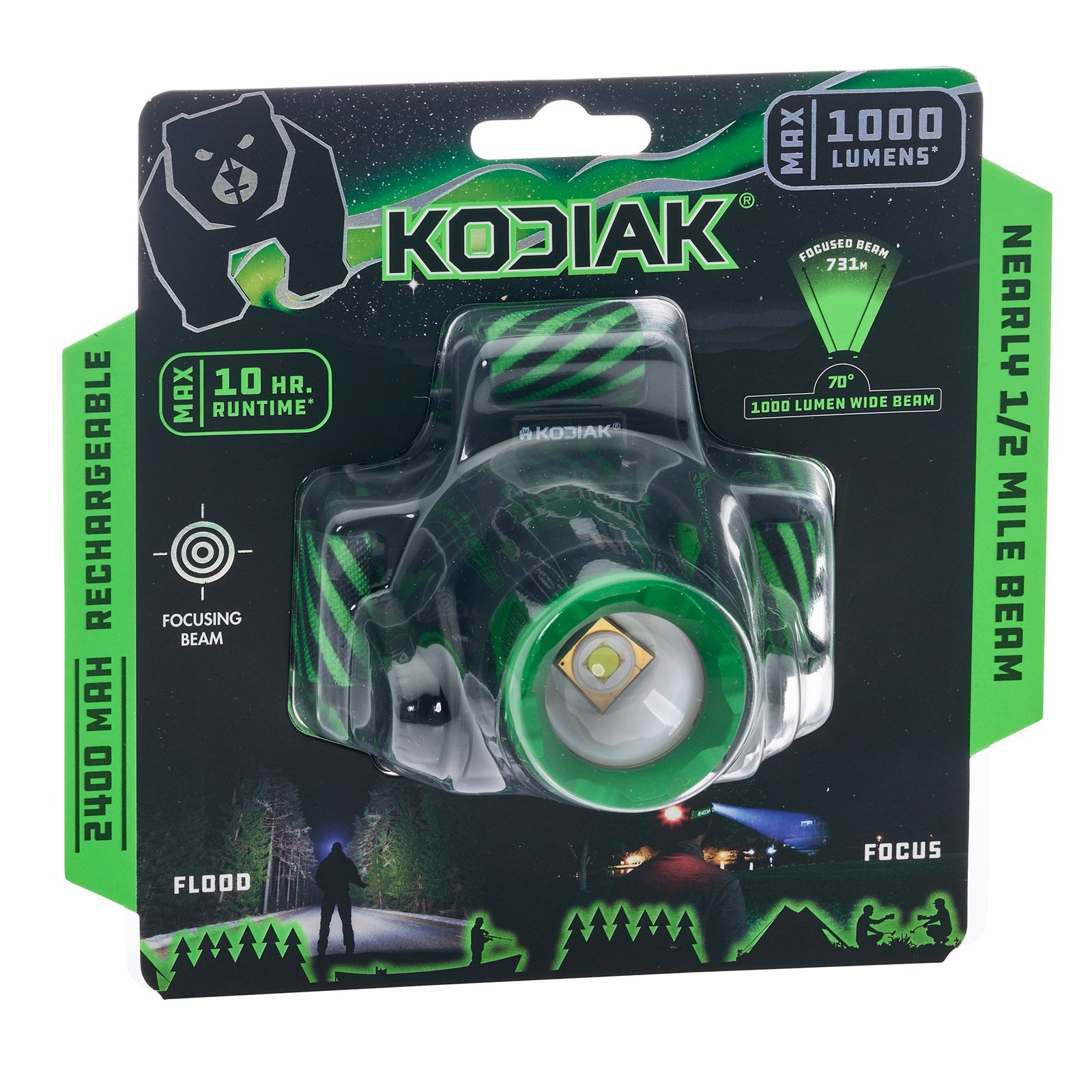 Kodiak® 1,000 Lumen Long Range 730m Dual Power Rechargeable Head Lamp