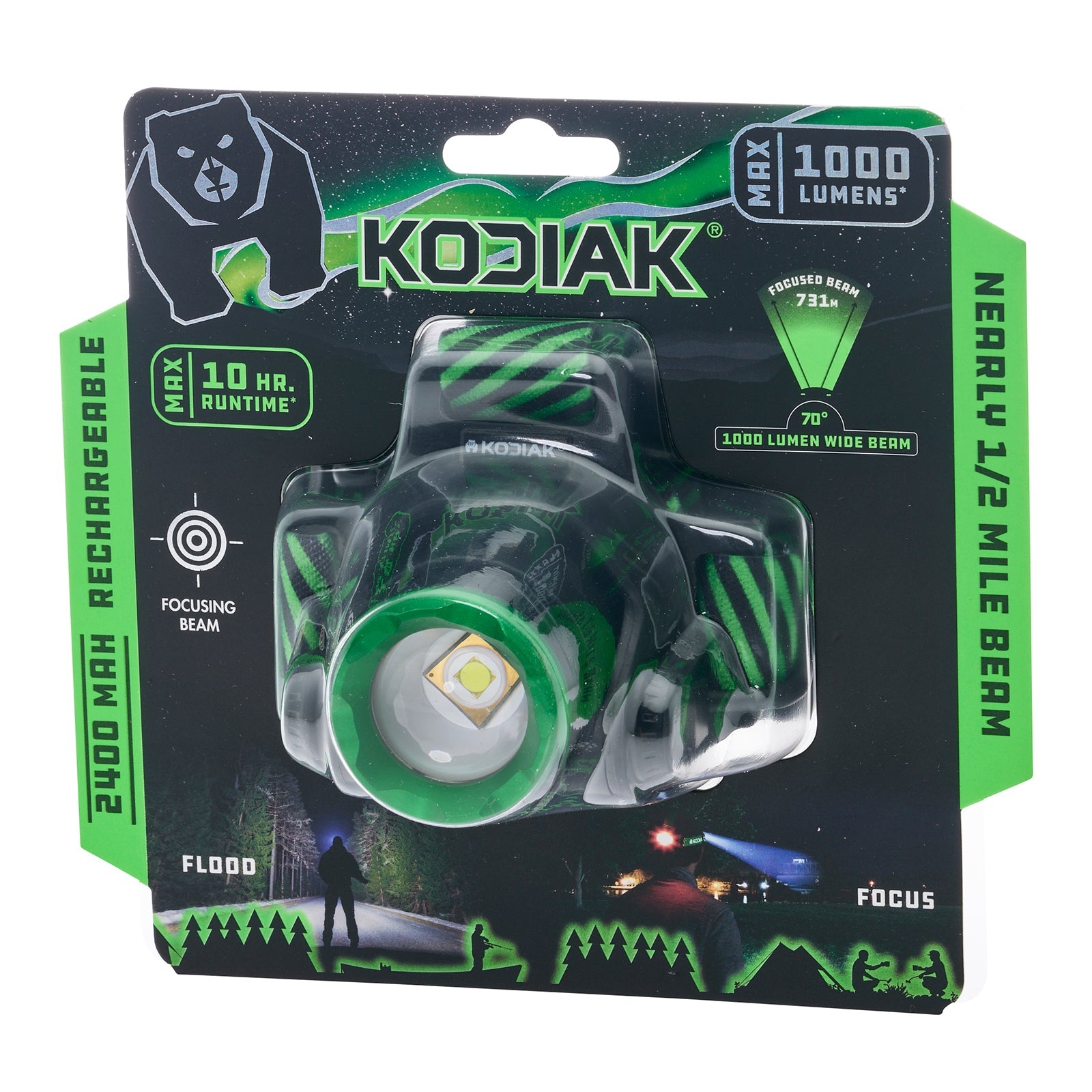 Kodiak® 1,000 Lumen Long Range 730m Dual Power Rechargeable Head Lamp