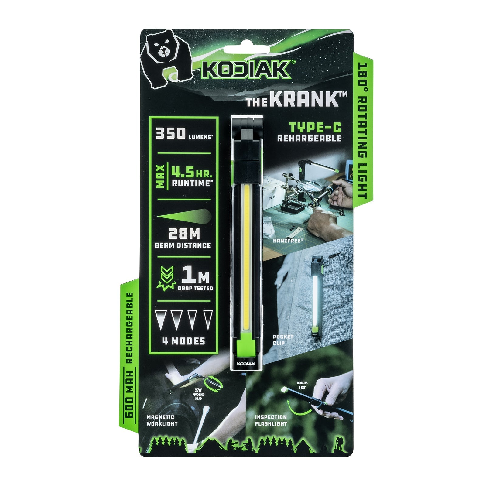 Kodiak® 350 Lumen Krank Rechargeable Slim Rotating Work Light