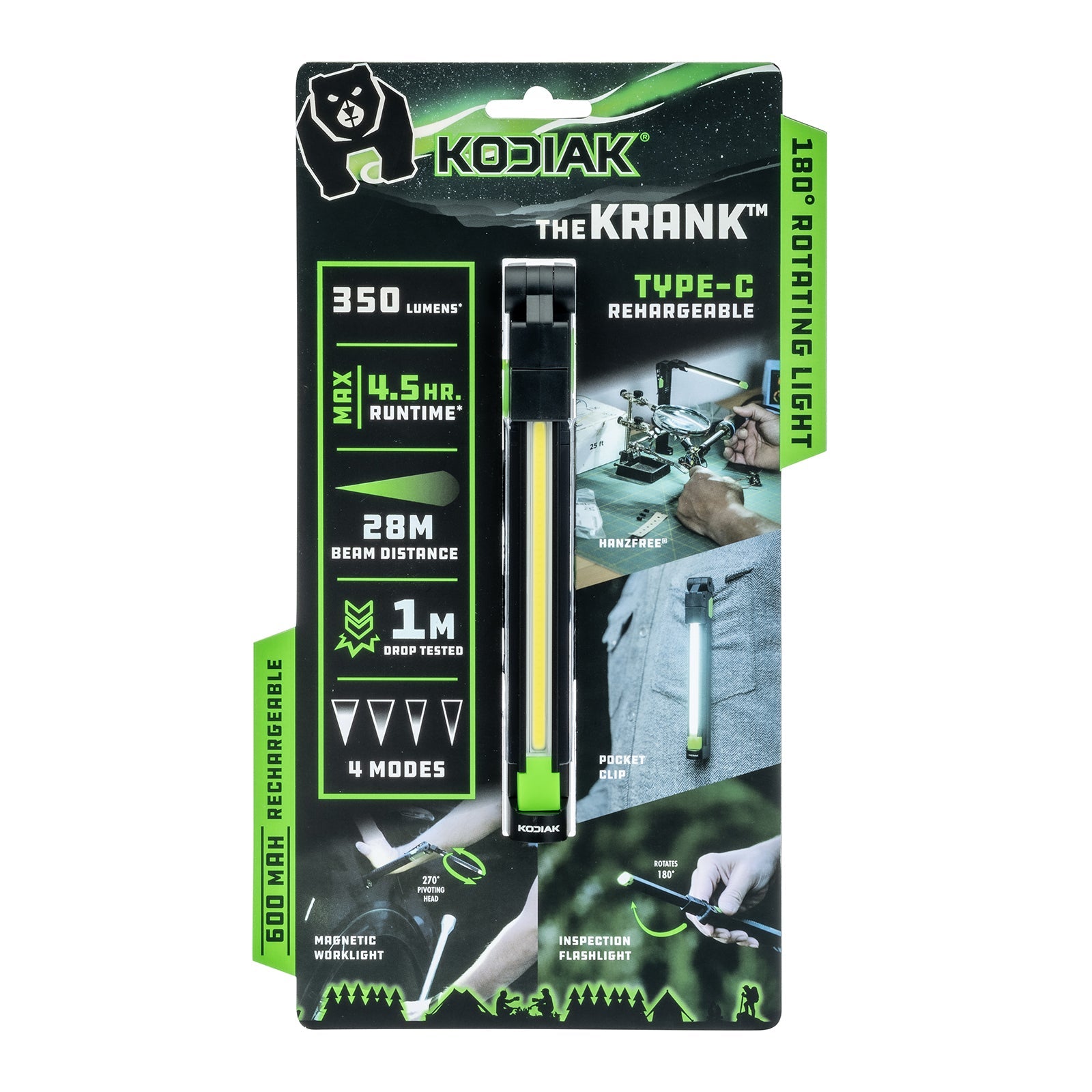 Kodiak® 350 Lumen Krank Rechargeable Slim Rotating Work Light