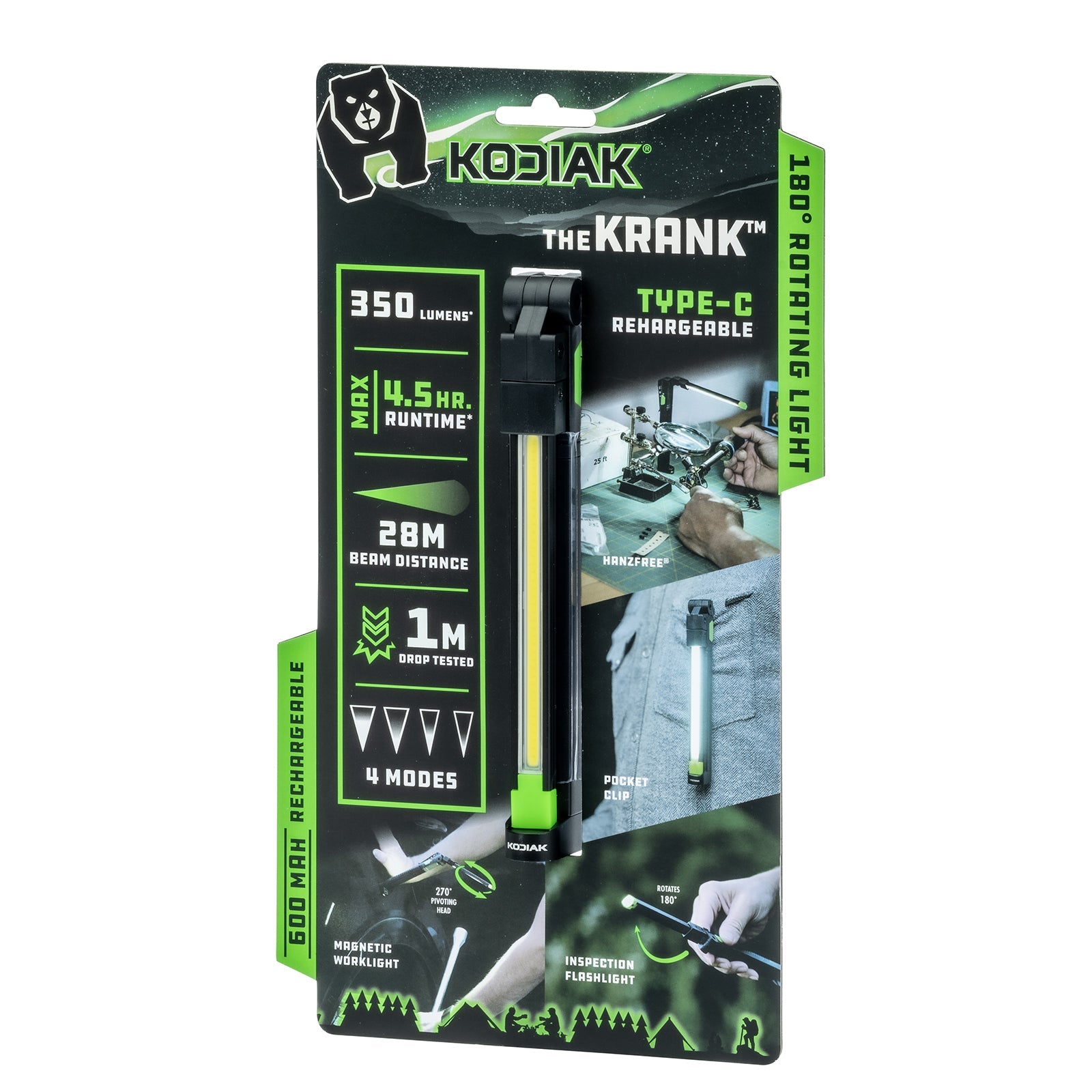 Kodiak® 350 Lumen Krank Rechargeable Slim Rotating Work Light
